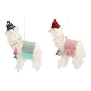 Wooly Llamas with Hats Christmas Holiday Ornaments Set of 2 Wool 7.5 Inches